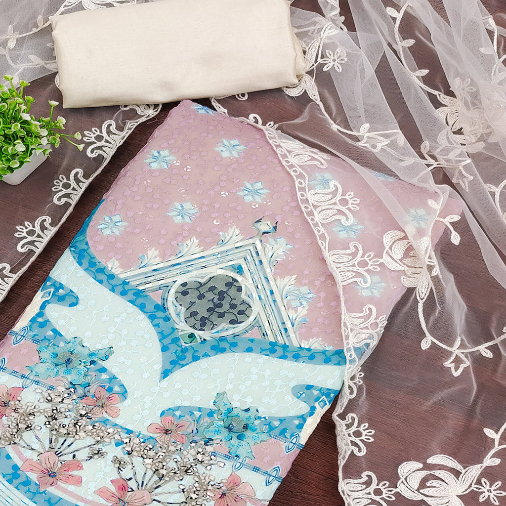 Cream & Dusty Pink Georgette Suit Fabric Adorned with Elegant and Delicate Schiffli Embroidery