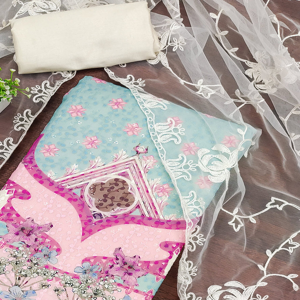 Cream & Sky Blue Georgette Suit Fabric Adorned with Elegant and Delicate Schiffli Embroidery