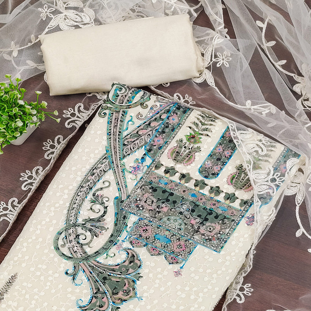 Cream & Blue Schiffli Embroidered Heavy Georgette Dress Material