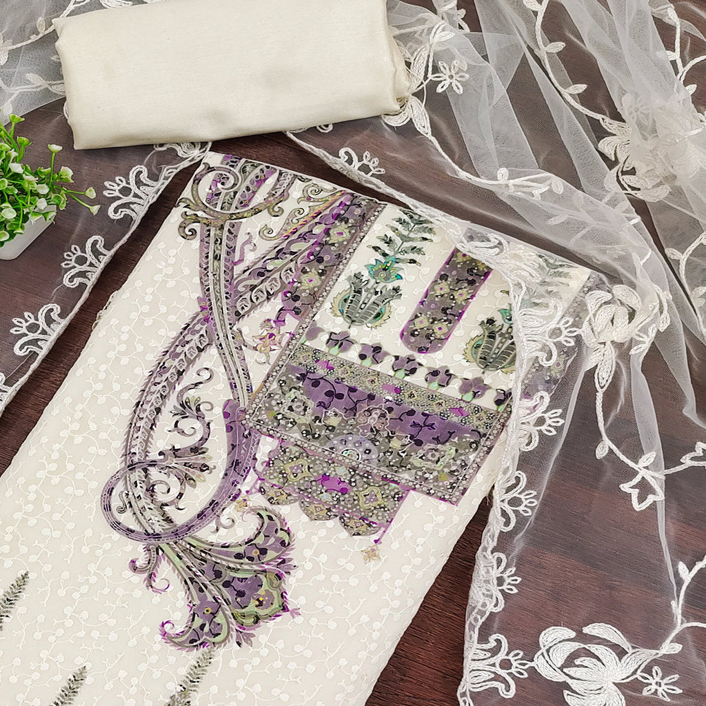 Cream & Purple Schiffli Embroidered Heavy Georgette Dress Material
