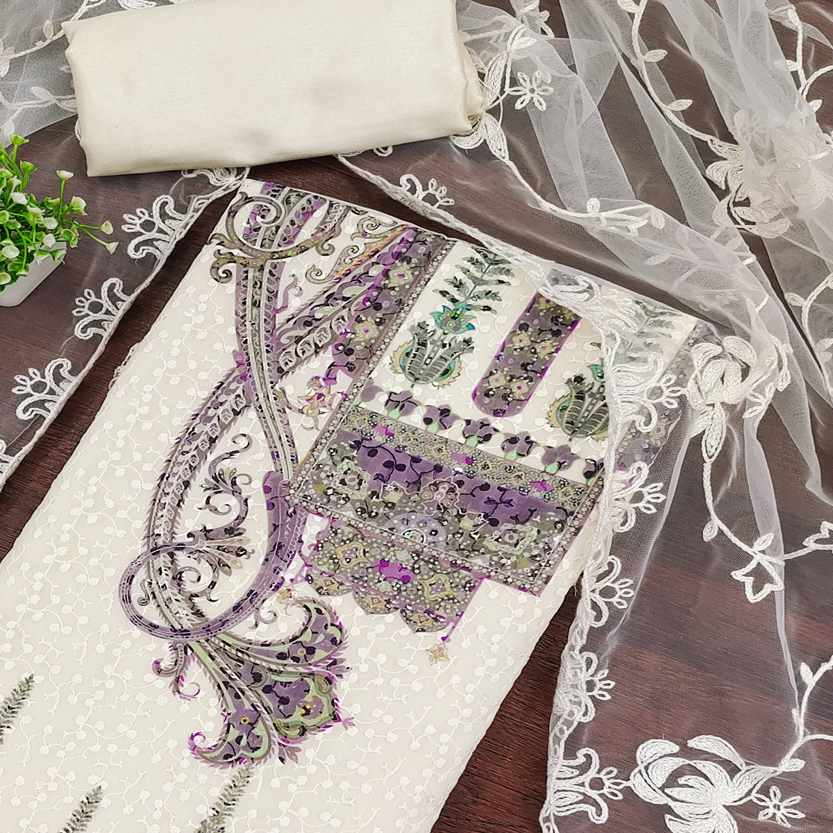 Cream & Purple Schiffli Embroidered Heavy Georgette Dress Material