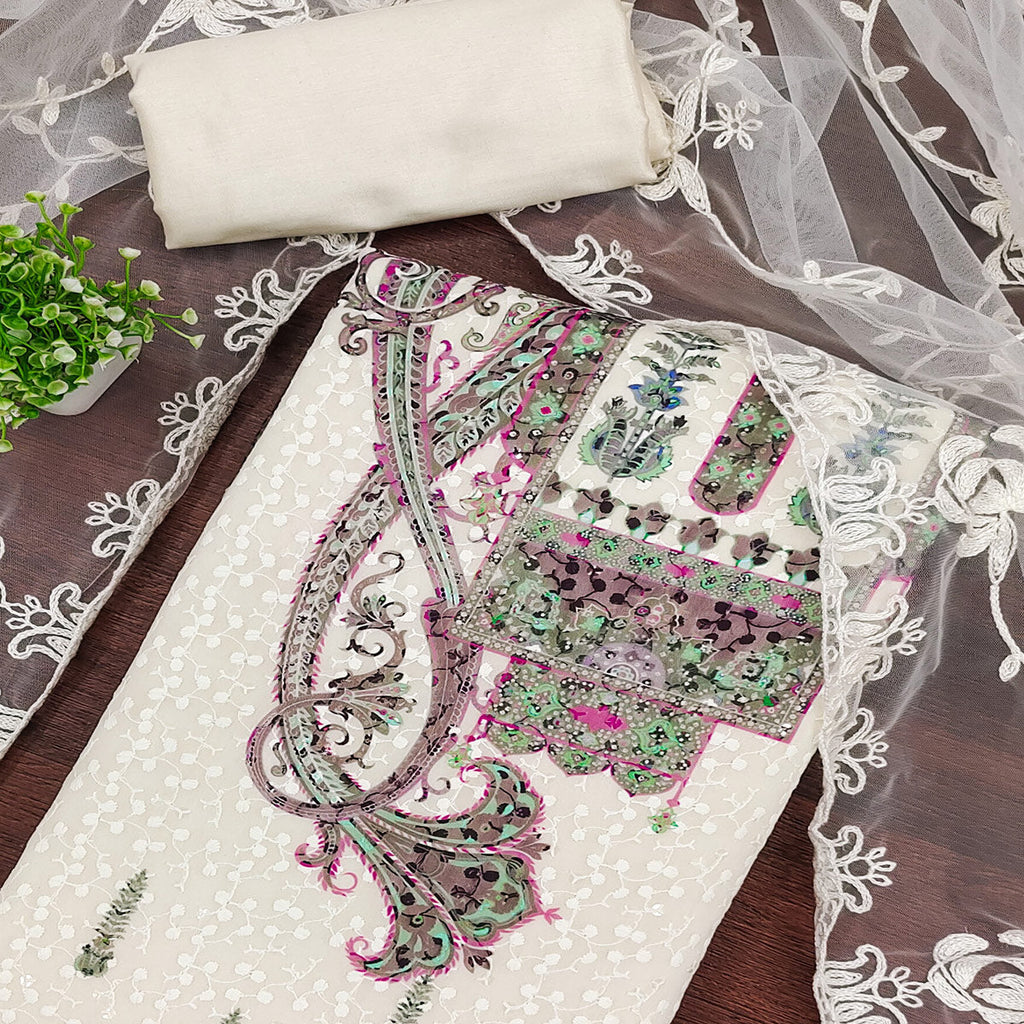 Cream & Wine Schiffli Embroidered Heavy Georgette Dress Material