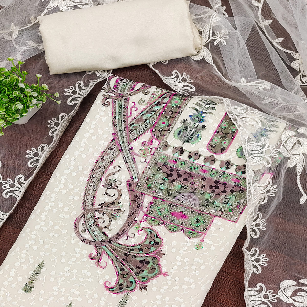 Cream & Wine Schiffli Embroidered Heavy Georgette Dress Material