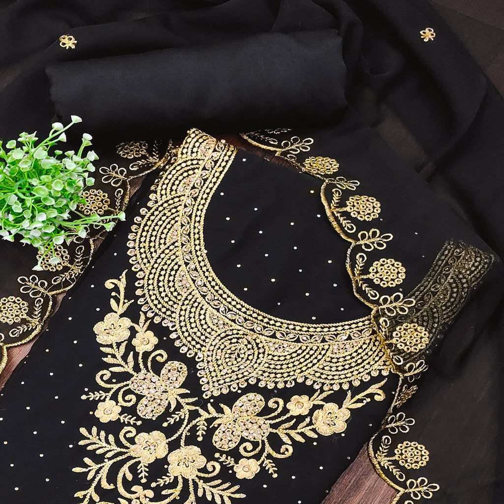 Black Georgette Dress Material With Intricate Thread And Stone Work Embroidery