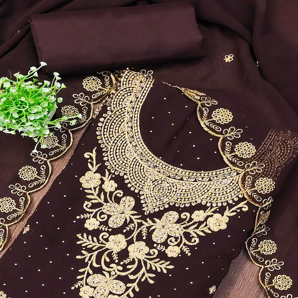 Dark Brown Georgette Dress Material With Intricate Thread And Stone Work Embroidery