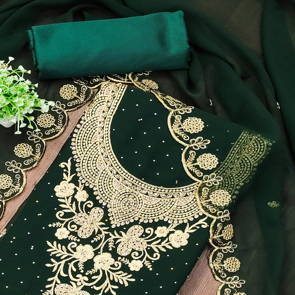 Green Georgette Dress Material With Intricate Thread And Stone Work Embroidery