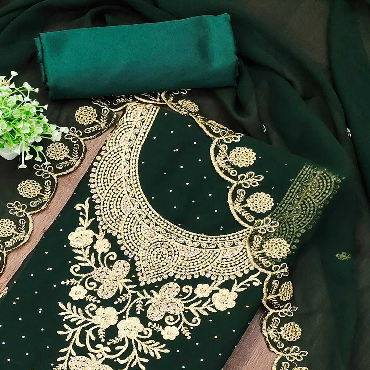 Green Georgette Dress Material With Intricate Thread And Stone Work Embroidery