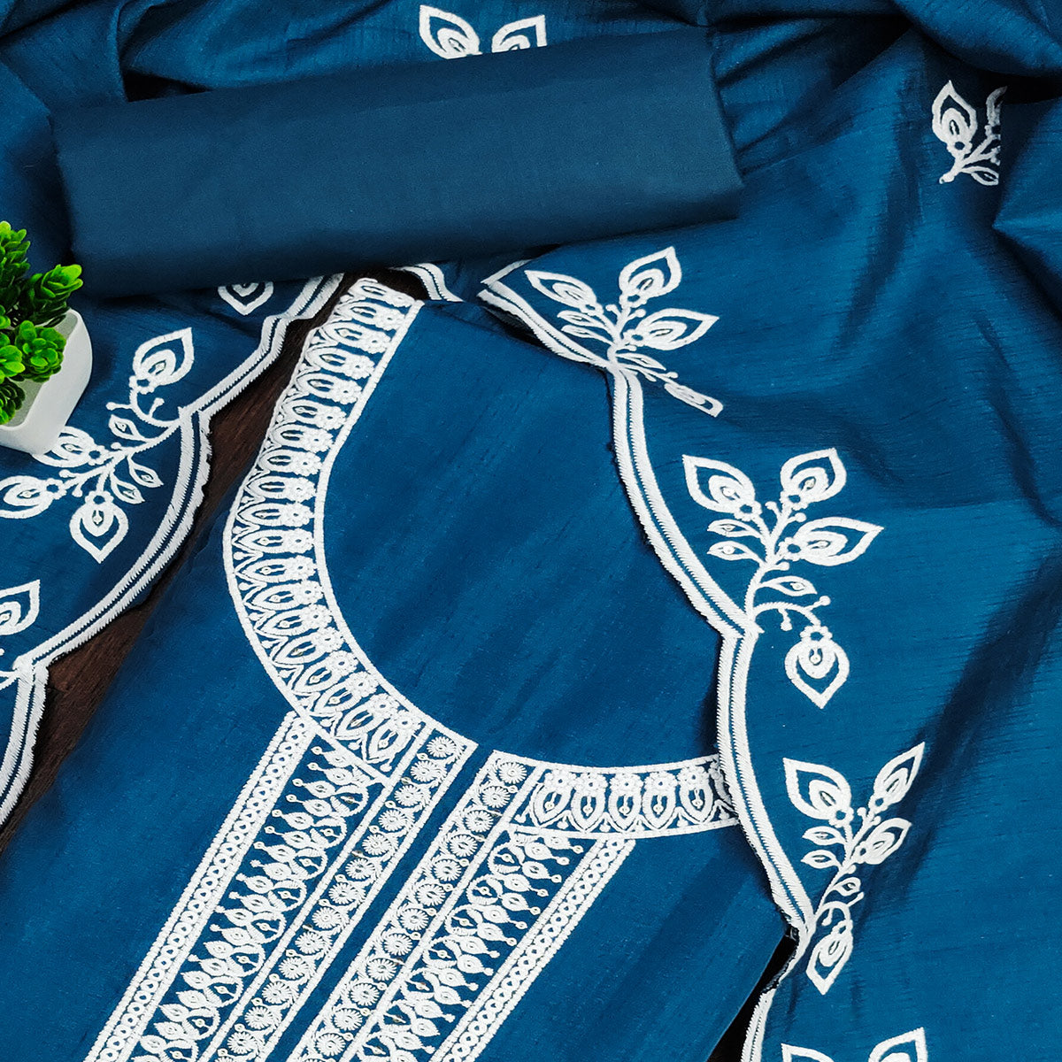 Blue Intricate Floral Embroidered Cotton Blend Dress Material