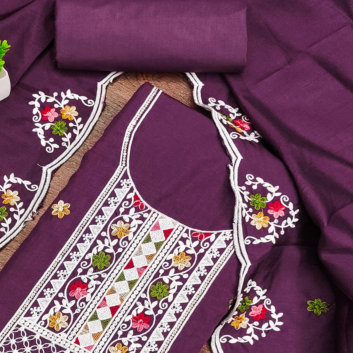 Luxurious Wine Floral Sequin Embroidered Cotton Blend Dress Material