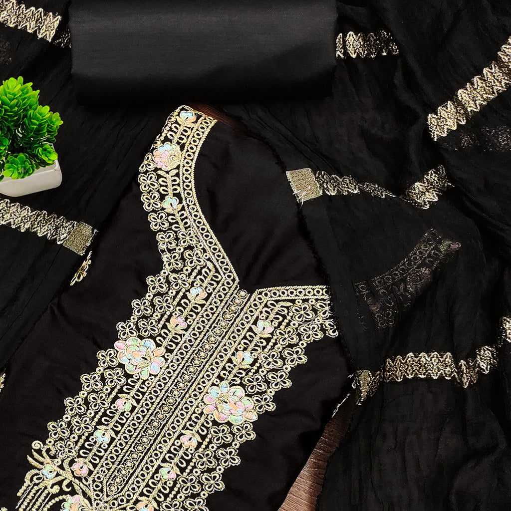 Black Pure Cotton Dress Material with Elegant Embroidery