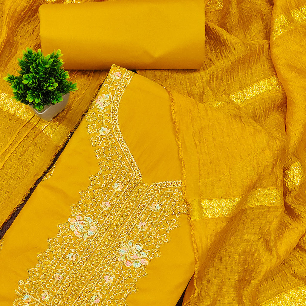 Mustard Pure Cotton Dress Material with Elegant Embroidery