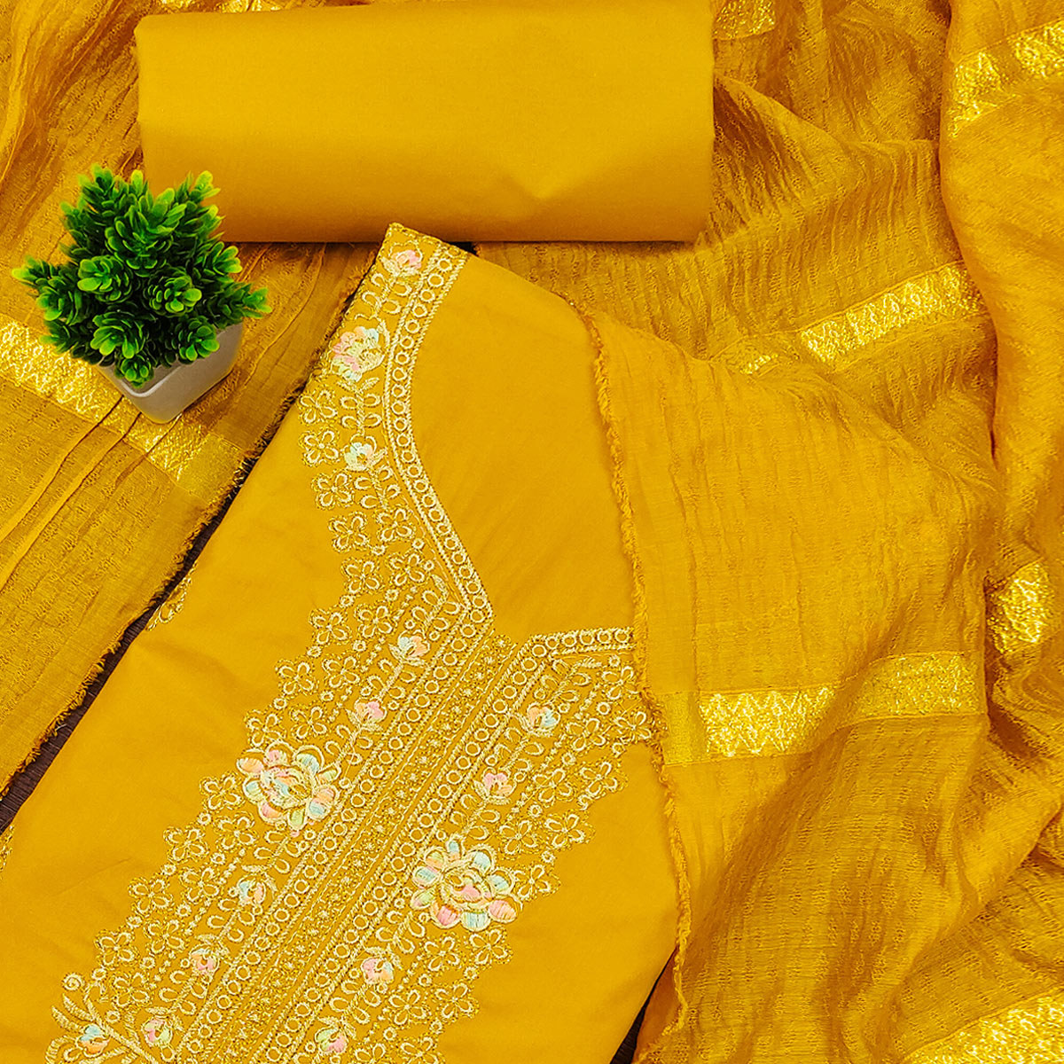 Mustard Pure Cotton Dress Material with Elegant Embroidery