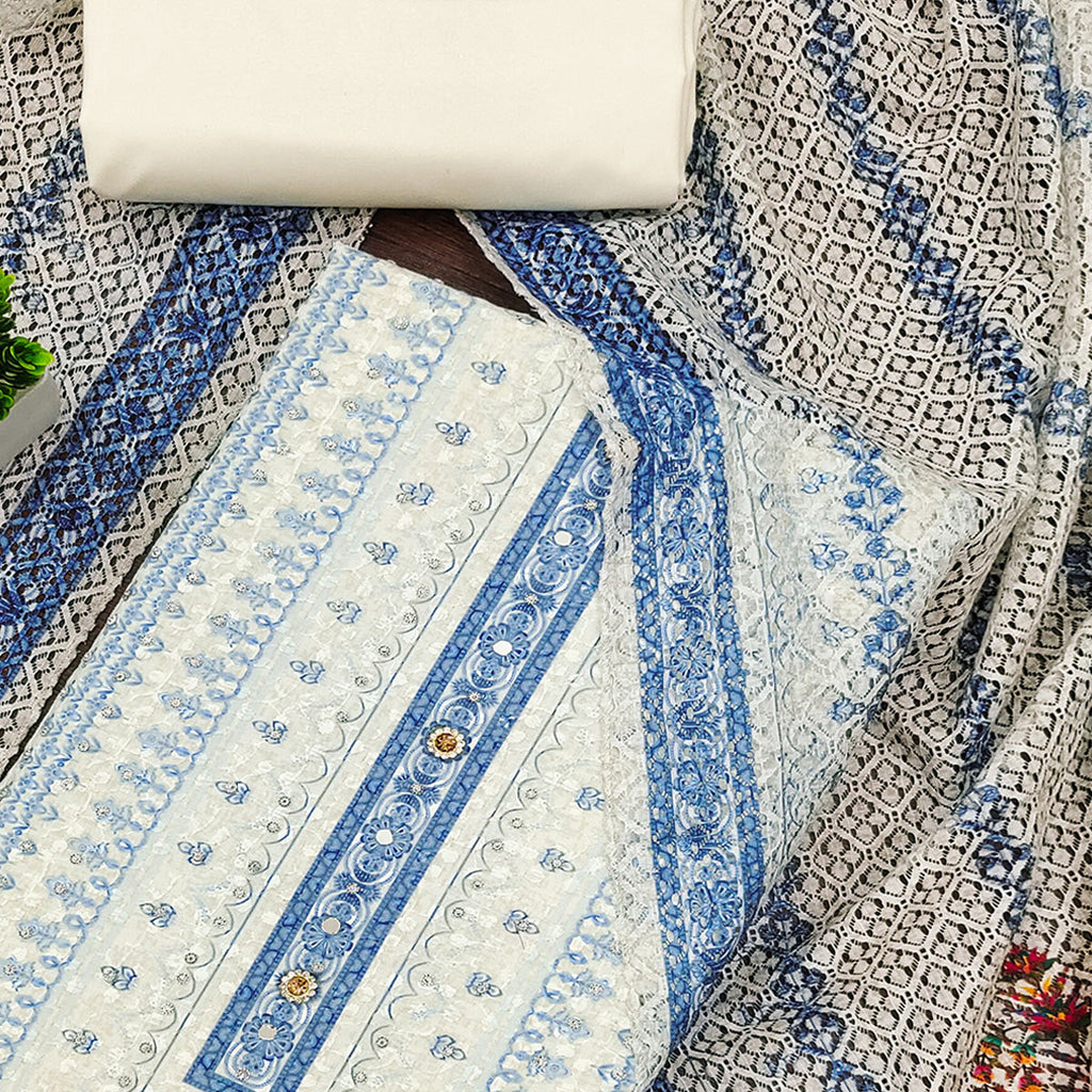 Off-White and Blue Unstitched Suit Material with Classic Schiffli Detailing
