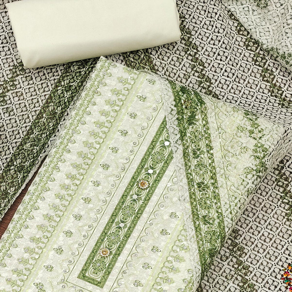 Off-White and Green Unstitched Suit Material with Classic Schiffli Detailing