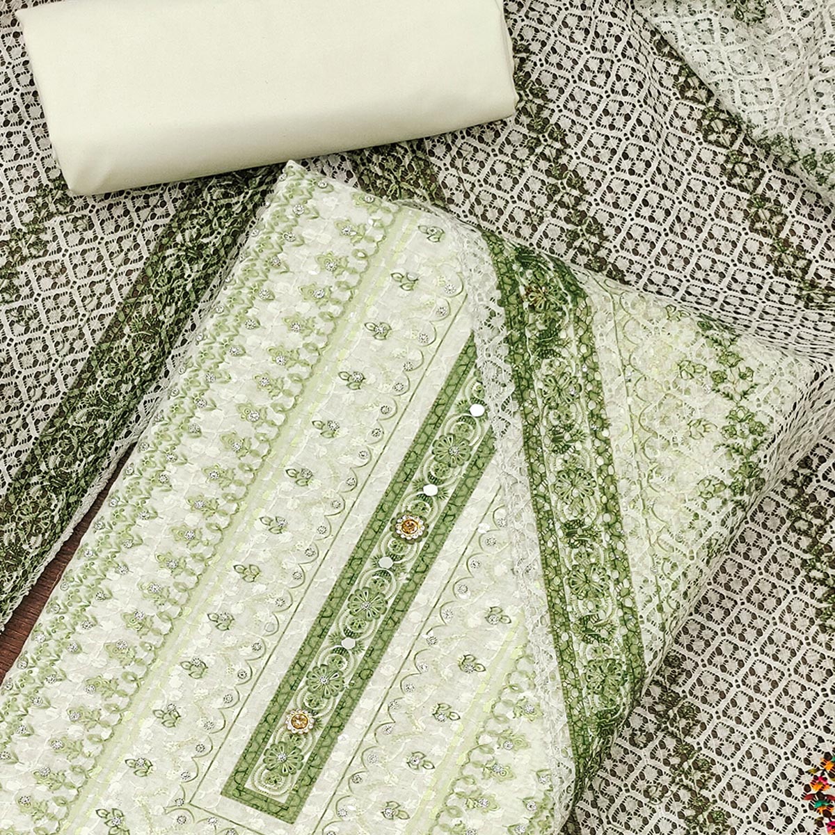 Off-White and Green Unstitched Suit Material with Classic Schiffli Detailing