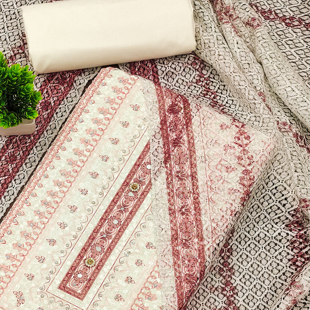 Off-White and Maroon Unstitched Suit Material with Classic Schiffli Detailing