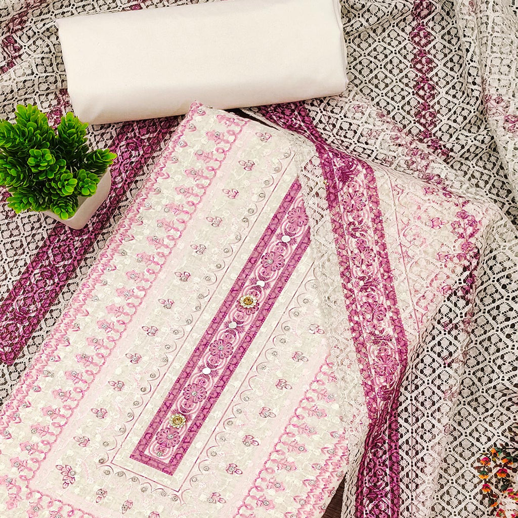 Off-White and Pink Unstitched Suit Material with Classic Schiffli Detailing