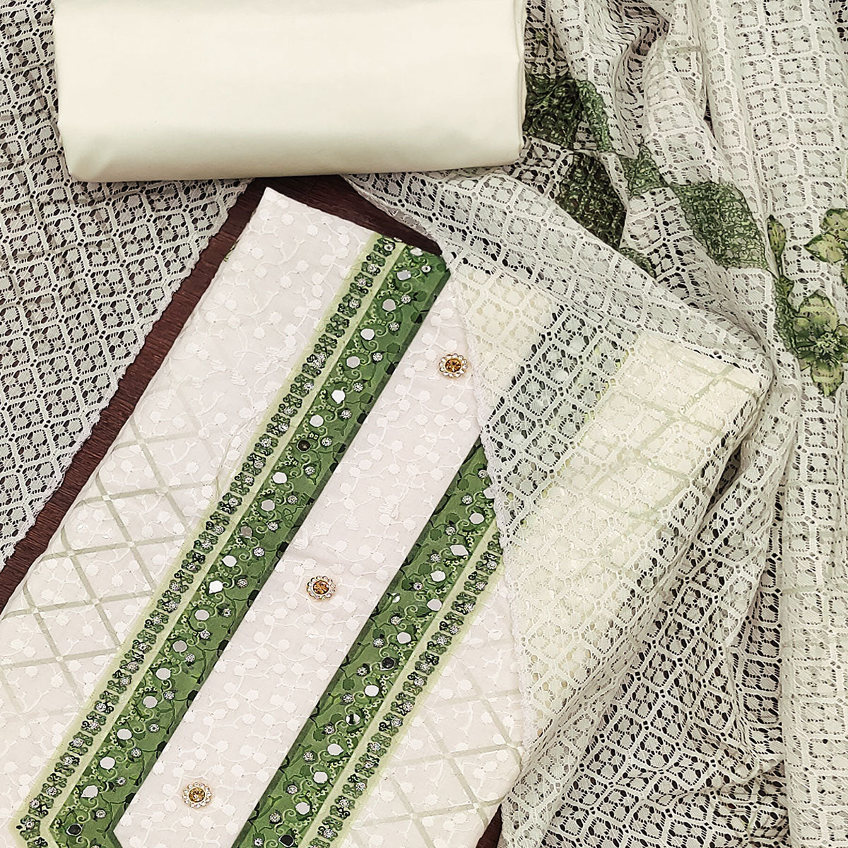 Off-White and Green Unstitched Suit Material with Classic Schiffli Detailing