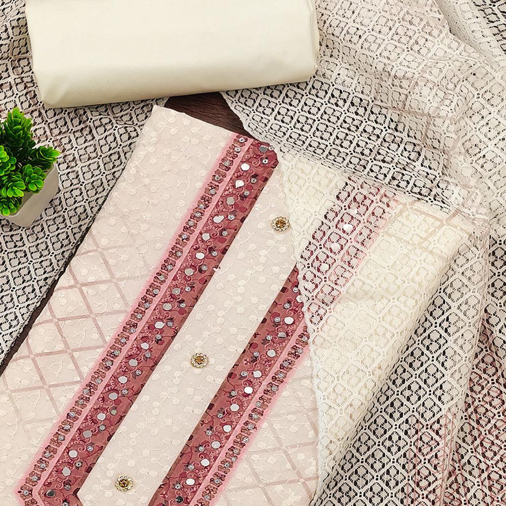 Off-White and Maroon Unstitched Suit Material with Classic Schiffli Detailing