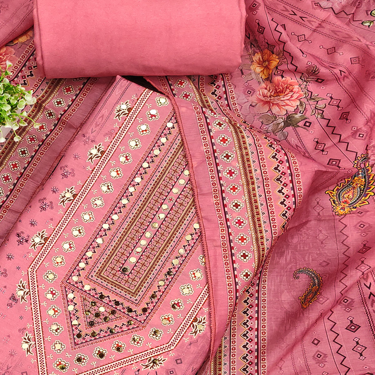 Pink Dress Material in Muslin with Delicate Mirror Highlights