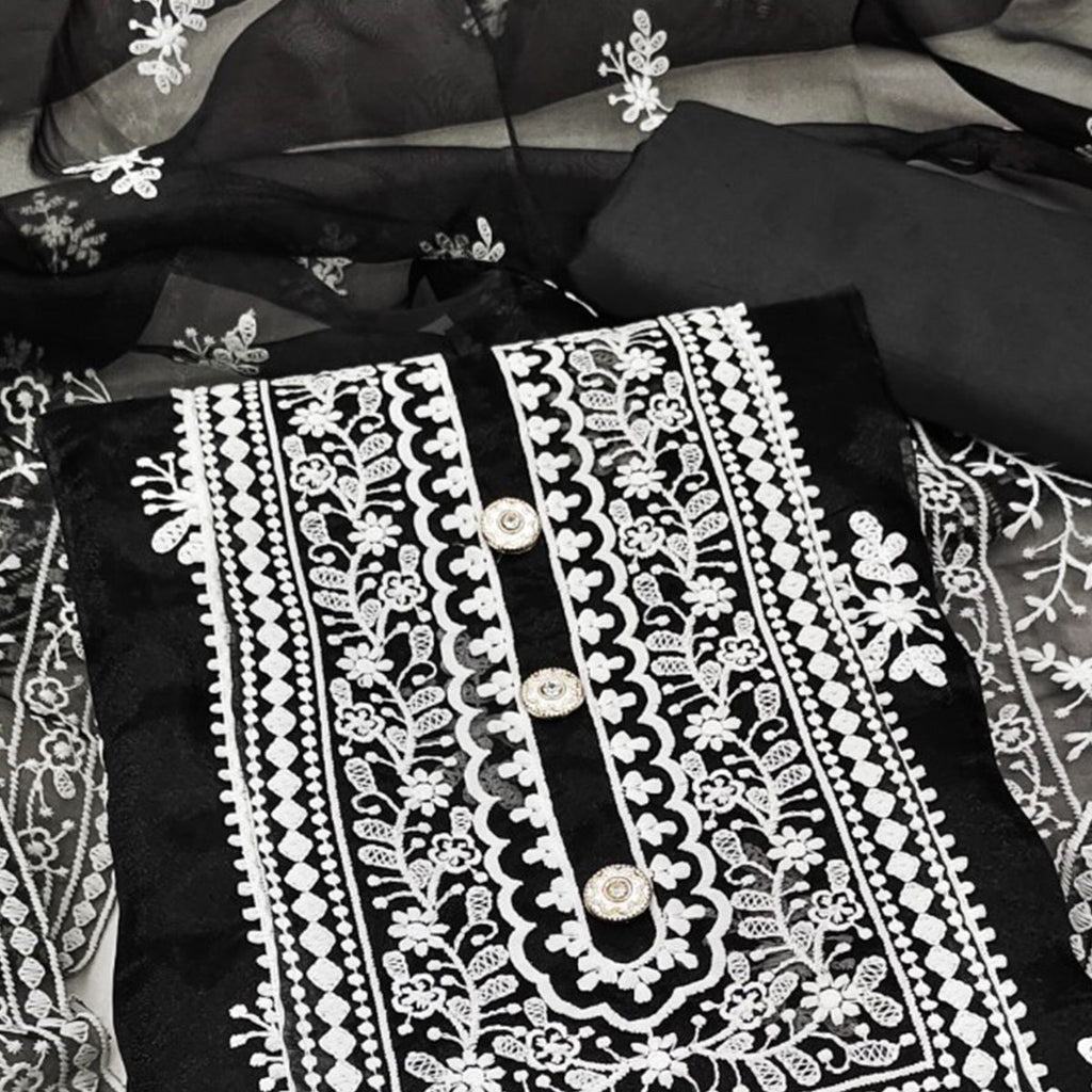 Black Floral Embroidered Organza Dress Material