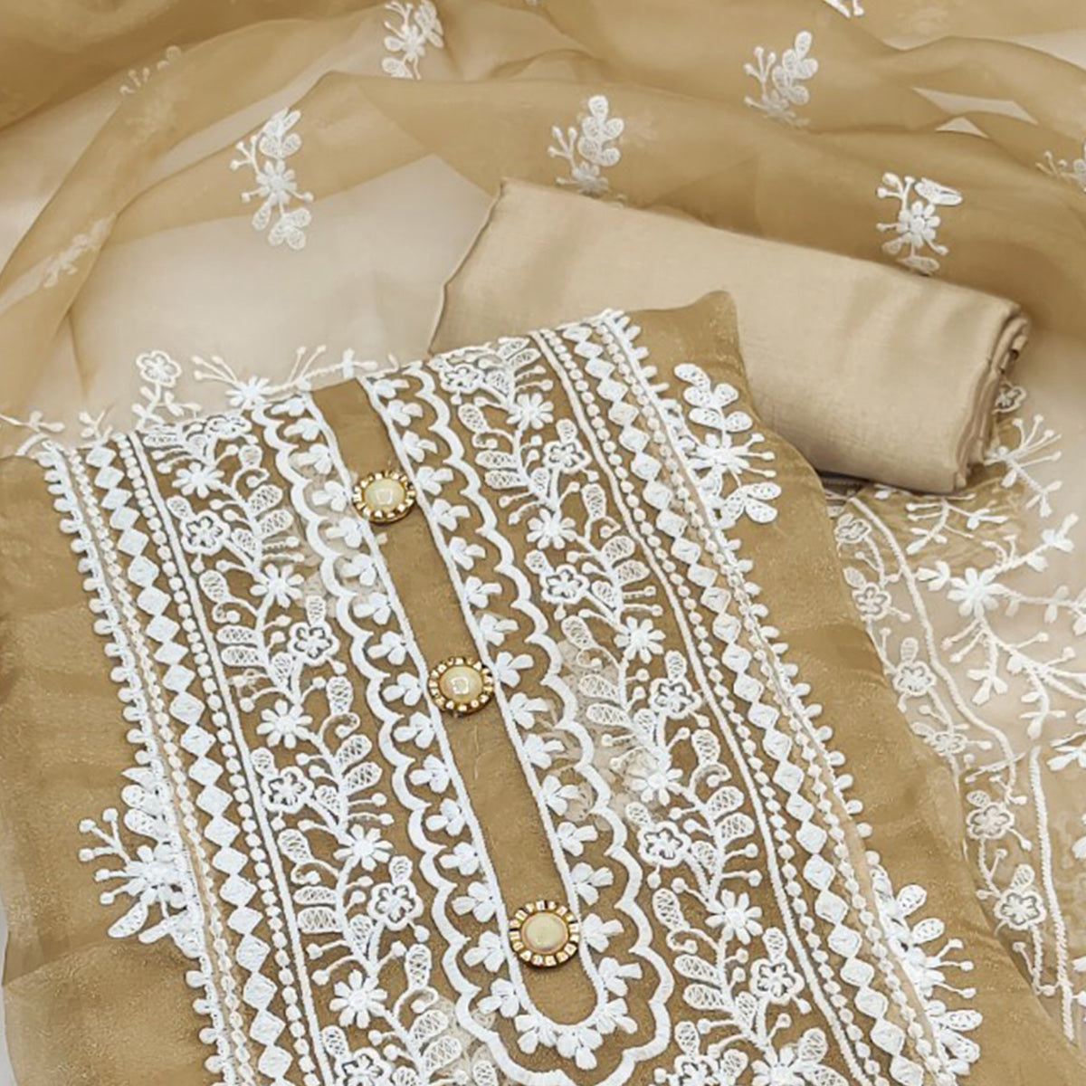 Chikoo Floral Embroidered Organza Dress Material