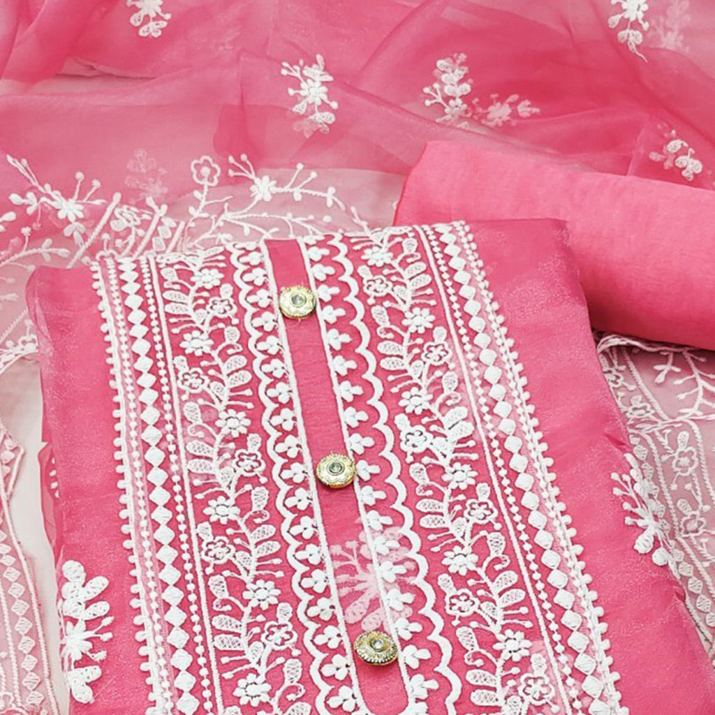 Gajari Pink Floral Embroidered Organza Dress Material