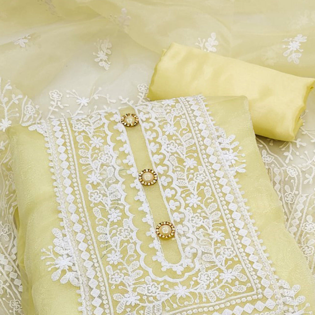 Light Yellow Floral Embroidered Organza Dress Material