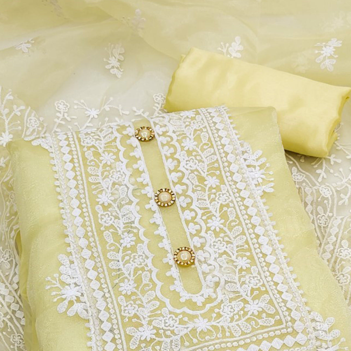 Light Yellow Floral Embroidered Organza Dress Material