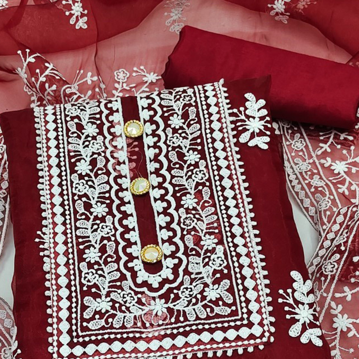 Maroon Floral Embroidered Organza Dress Material