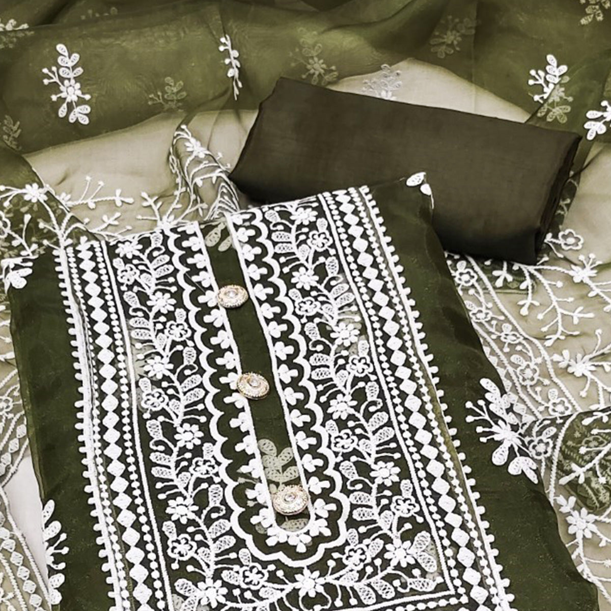 Mehendi Green Floral Embroidered Organza Dress Material