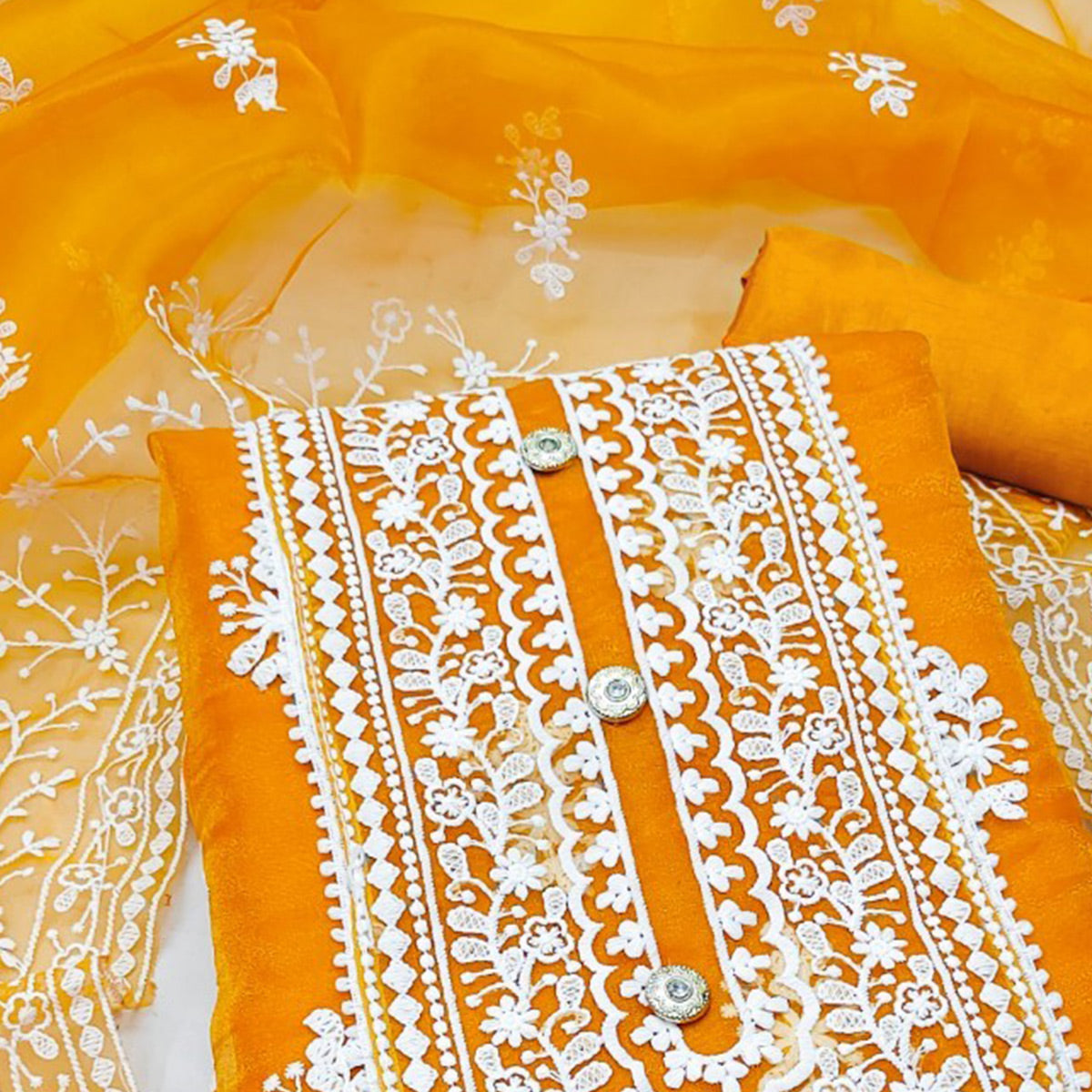 Mustard Floral Embroidered Organza Dress Material