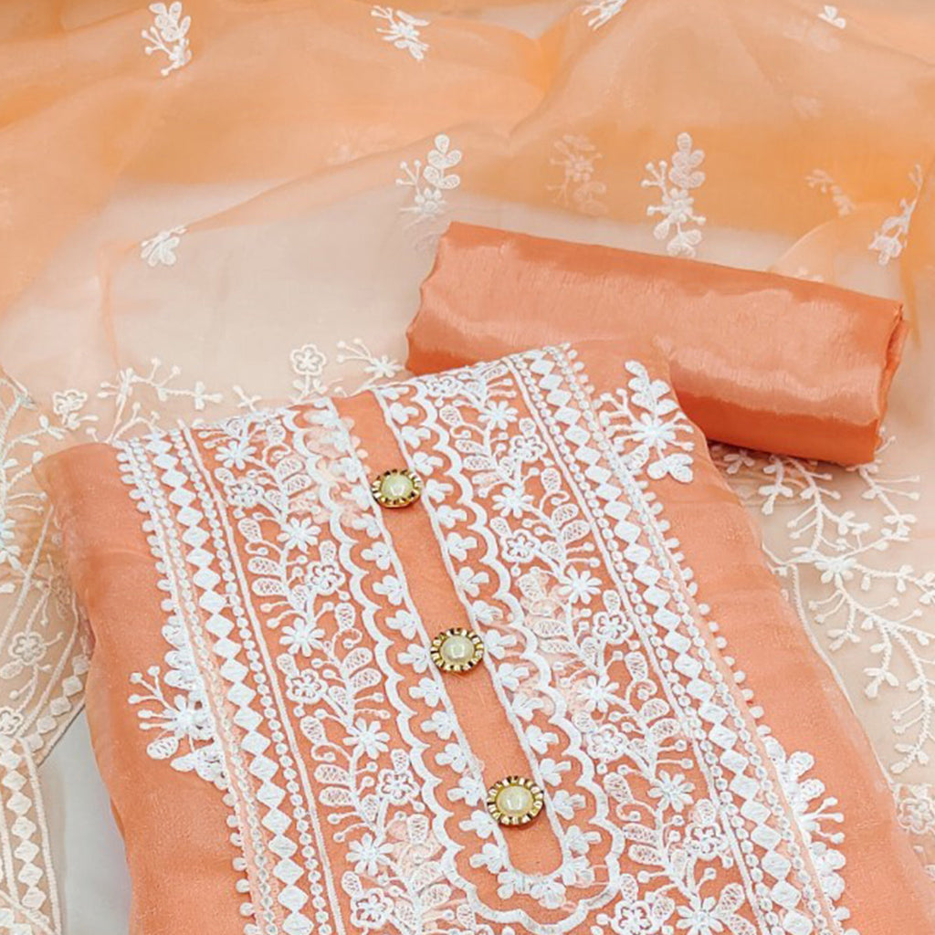 Orange Floral Embroidered Organza Dress Material