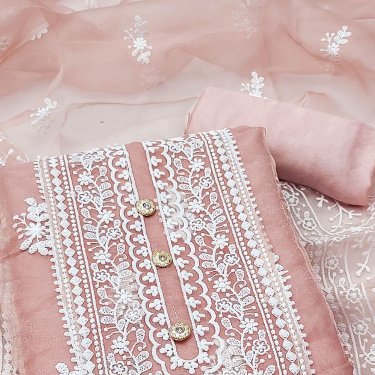 Peach Floral Embroidered Organza Dress Material