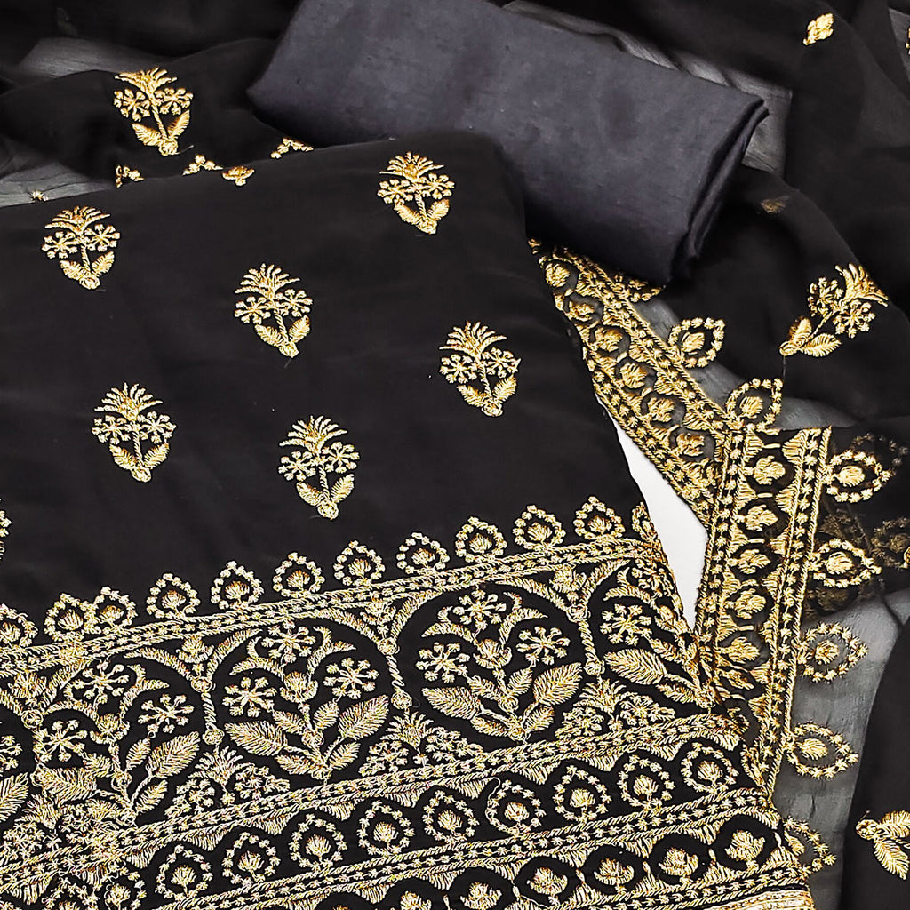 Black Floral Embroidered Georgette Dress Material
