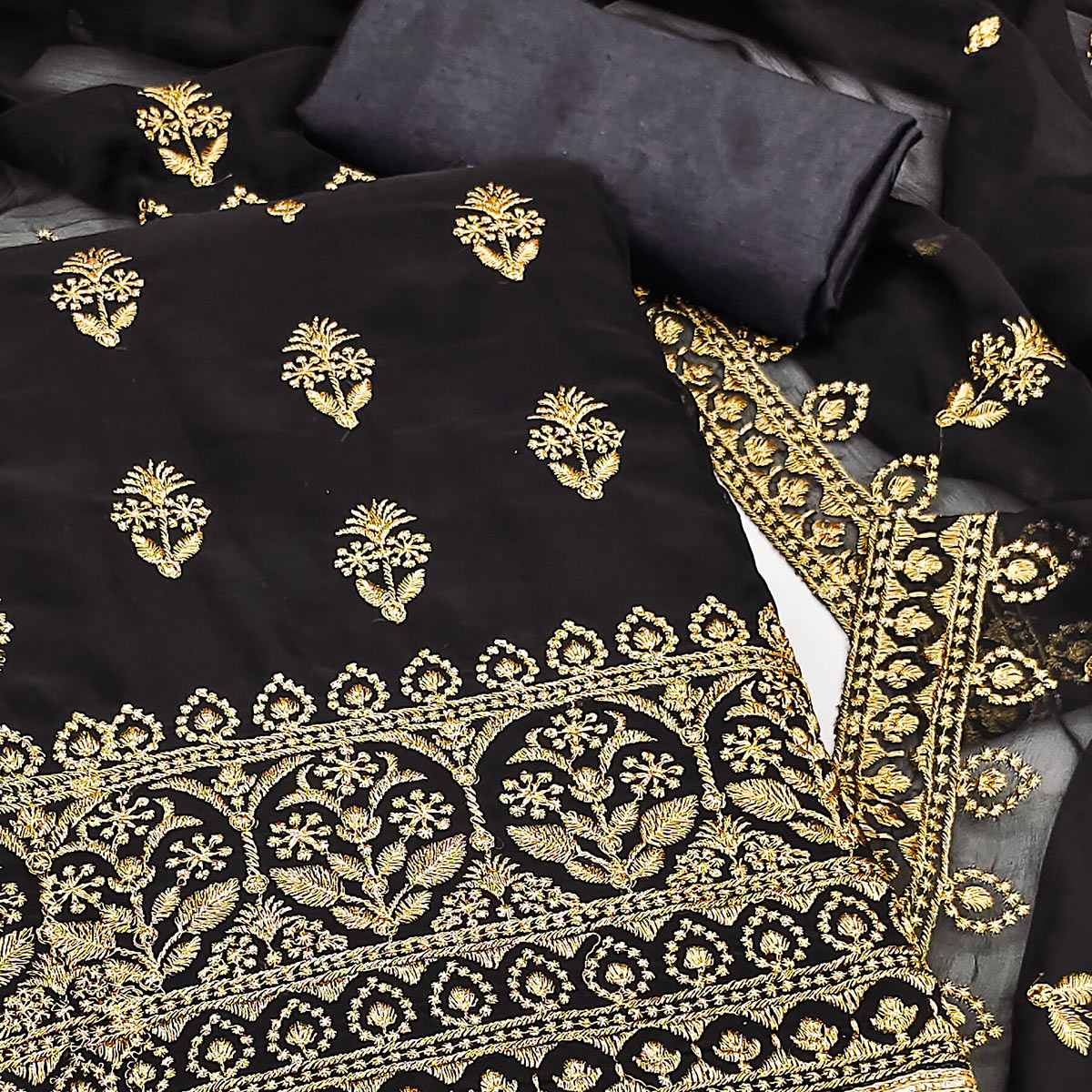 Black Floral Embroidered Georgette Dress Material