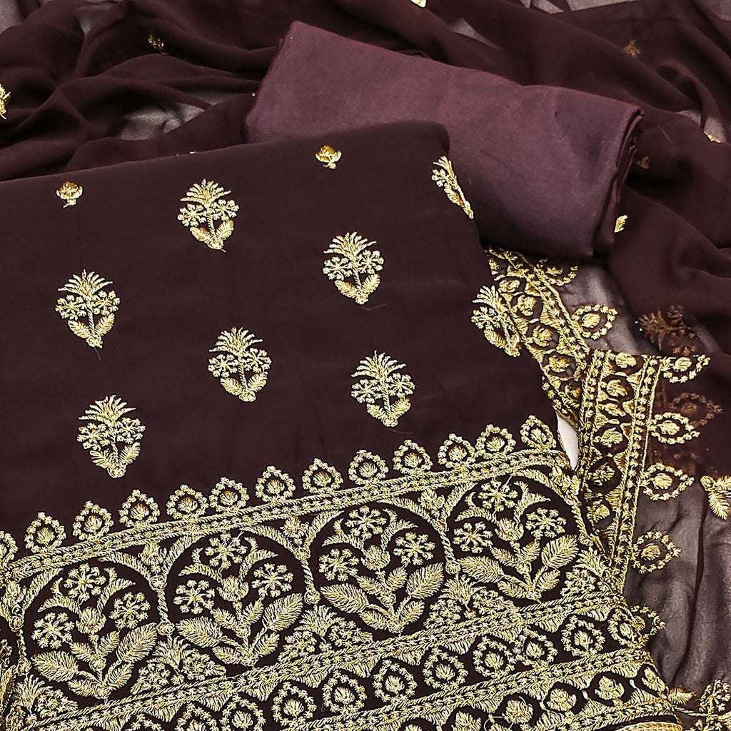 Brown Floral Embroidered Georgette Dress Material