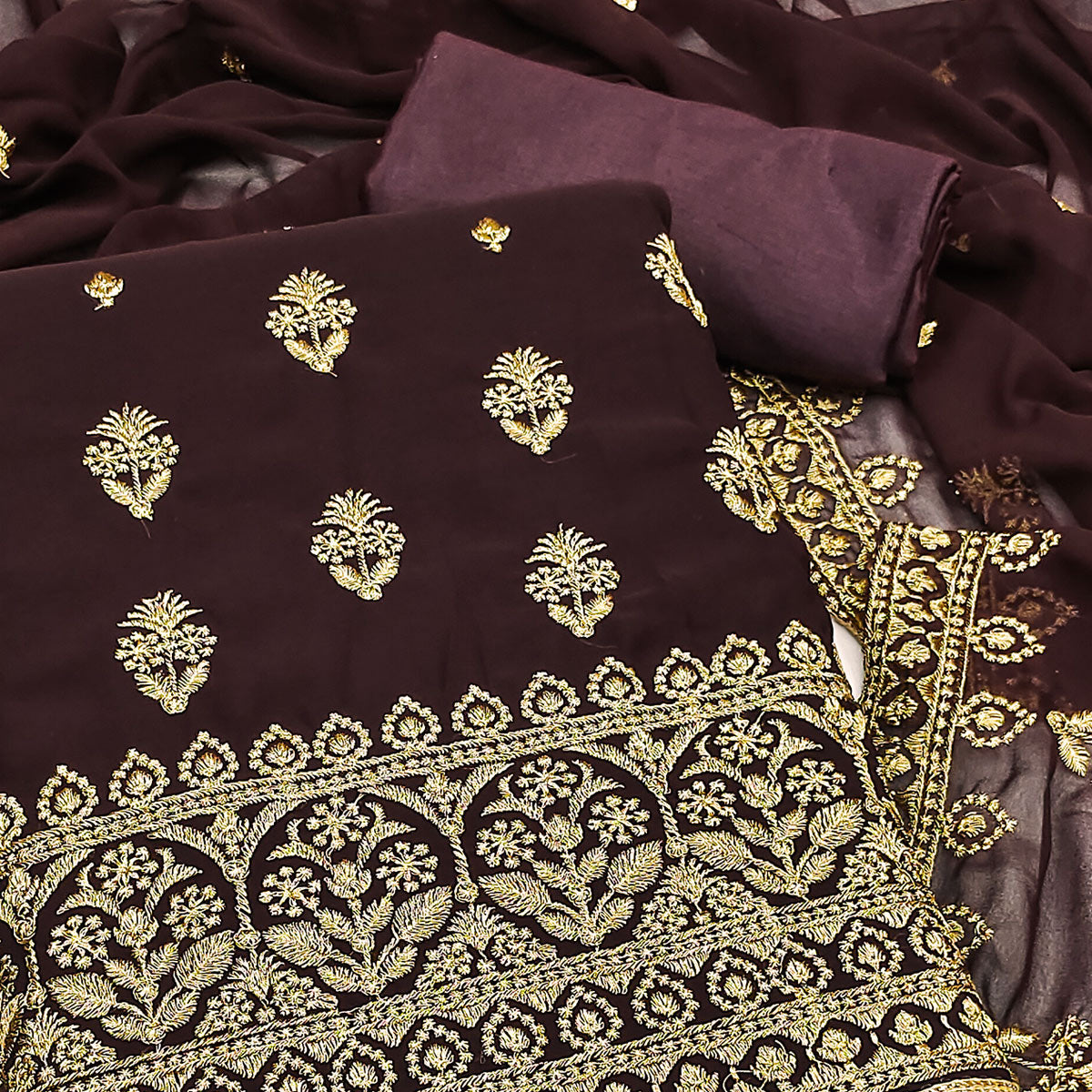 Brown Floral Embroidered Georgette Dress Material