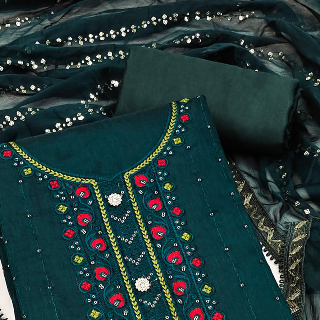 Green Sequins Embroidered Chanderi Dress Material