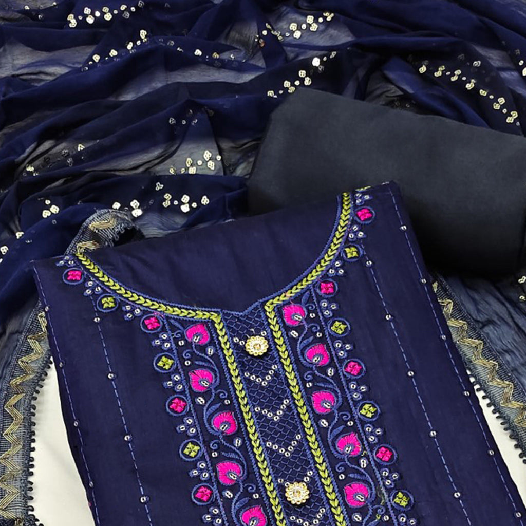 Navy Blue Sequins Embroidered Chanderi Dress Material
