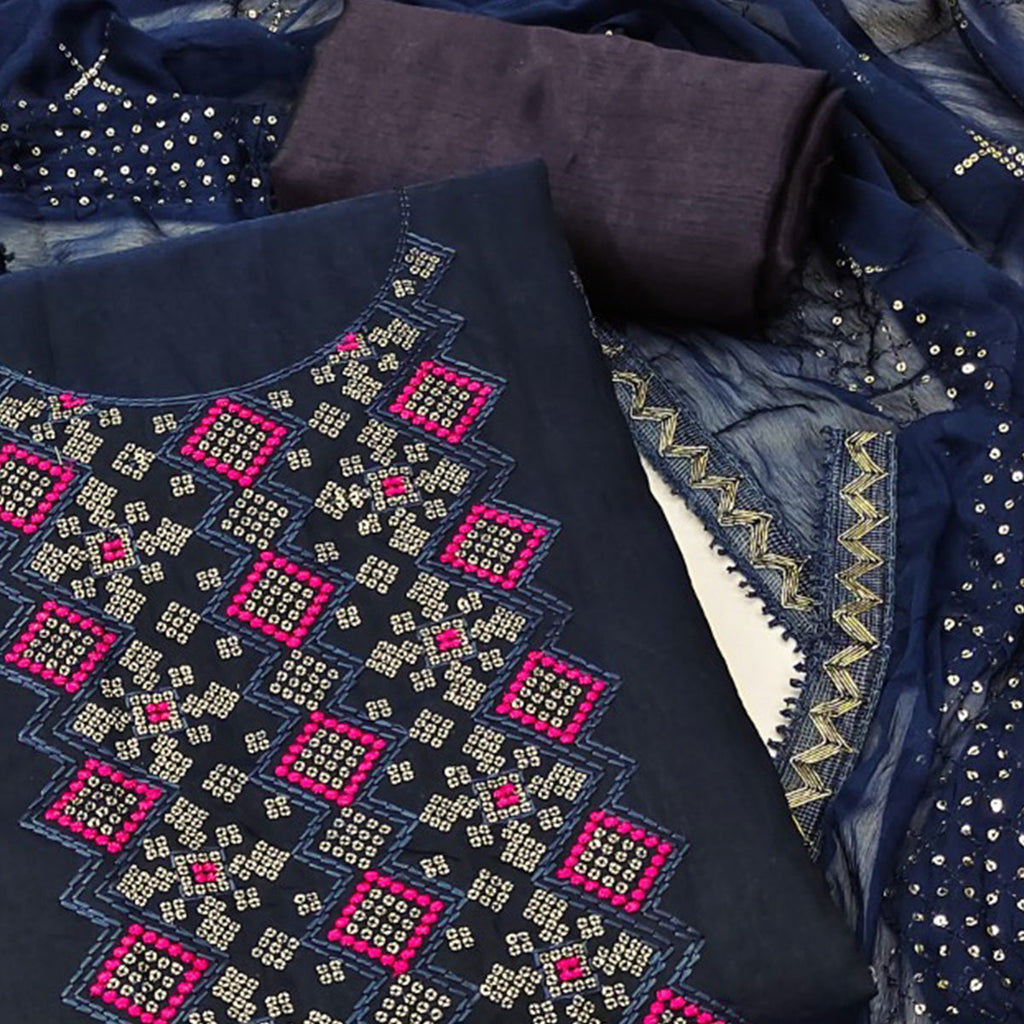 Chanderi Cotton Dress Material In Navy Blue With Intricate Thread & Sequin Embroidery