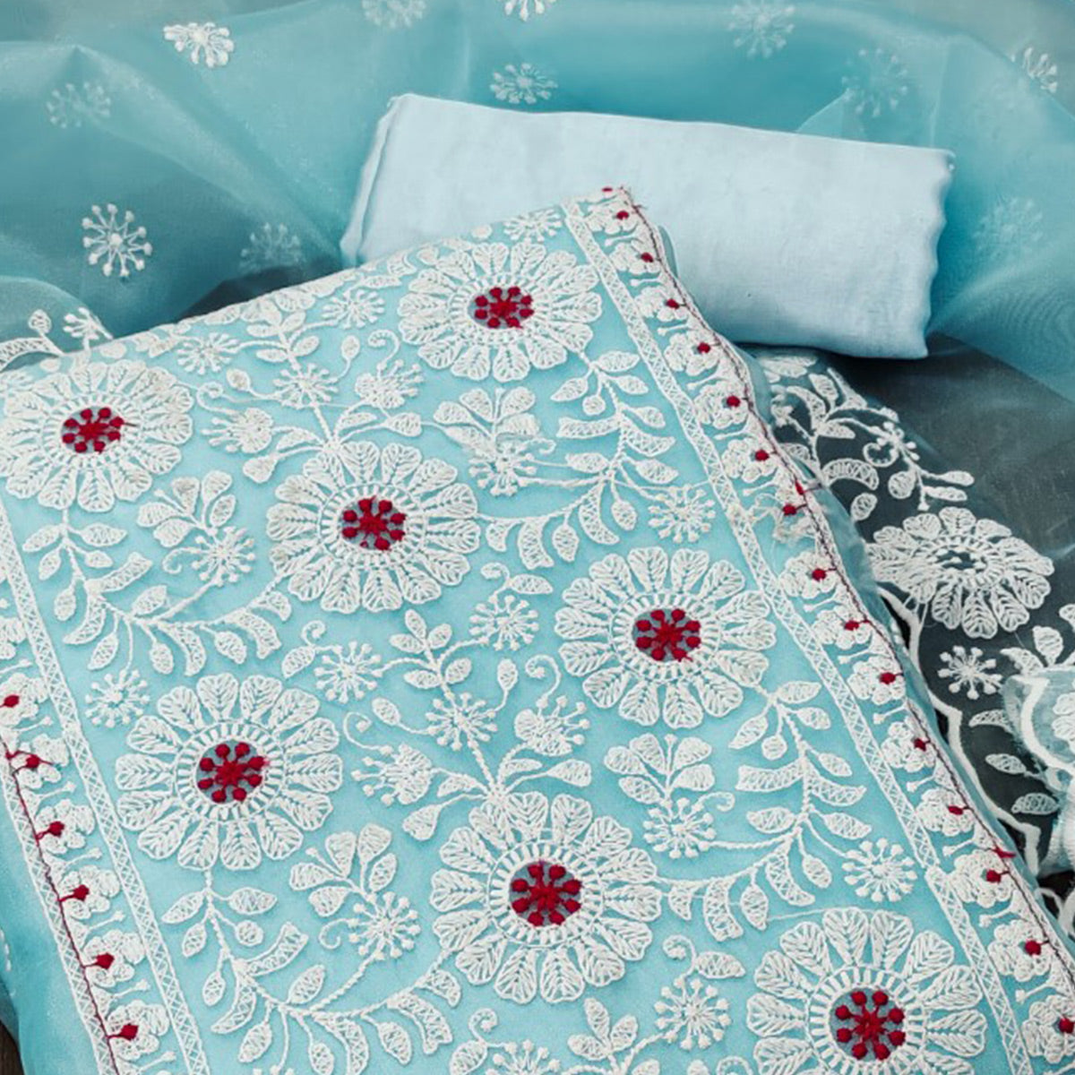 Blue Organza Dress Material With Intricate Floral Thread Embroidery