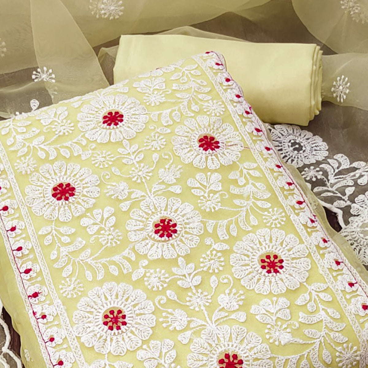 Light Yellow Organza Dress Material With Intricate Floral Thread Embroidery