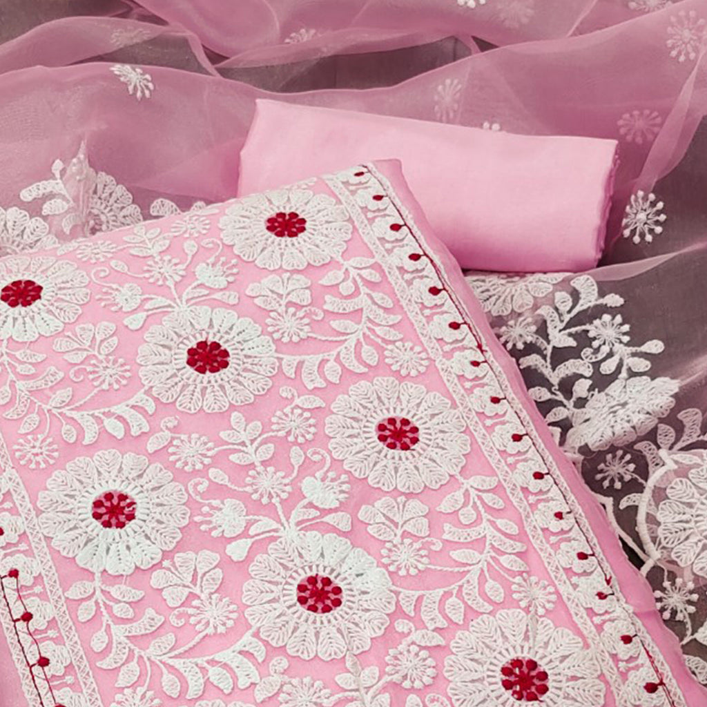 Pink Organza Dress Material With Intricate Floral Thread Embroidery