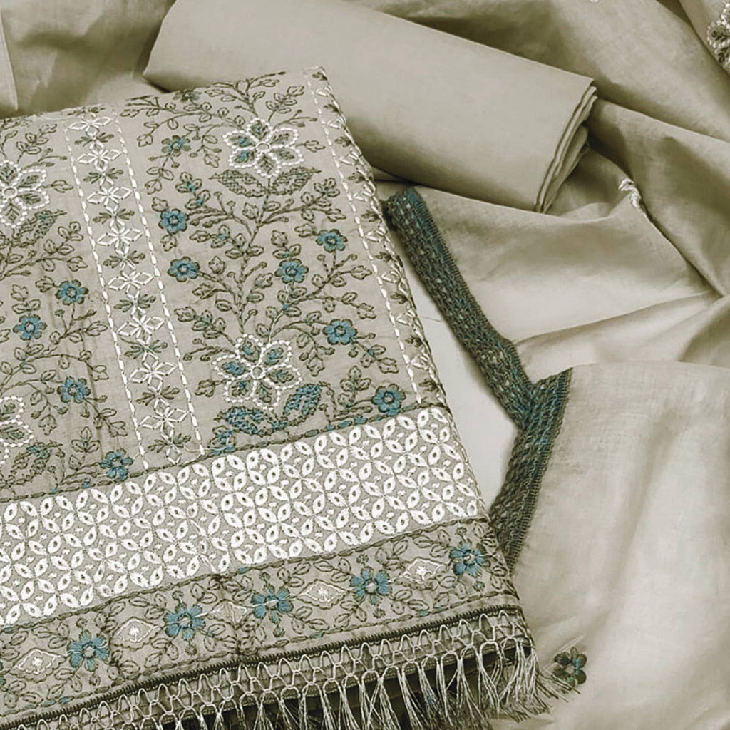 Grey Floral Embroidered Pure Cotton Dress Material