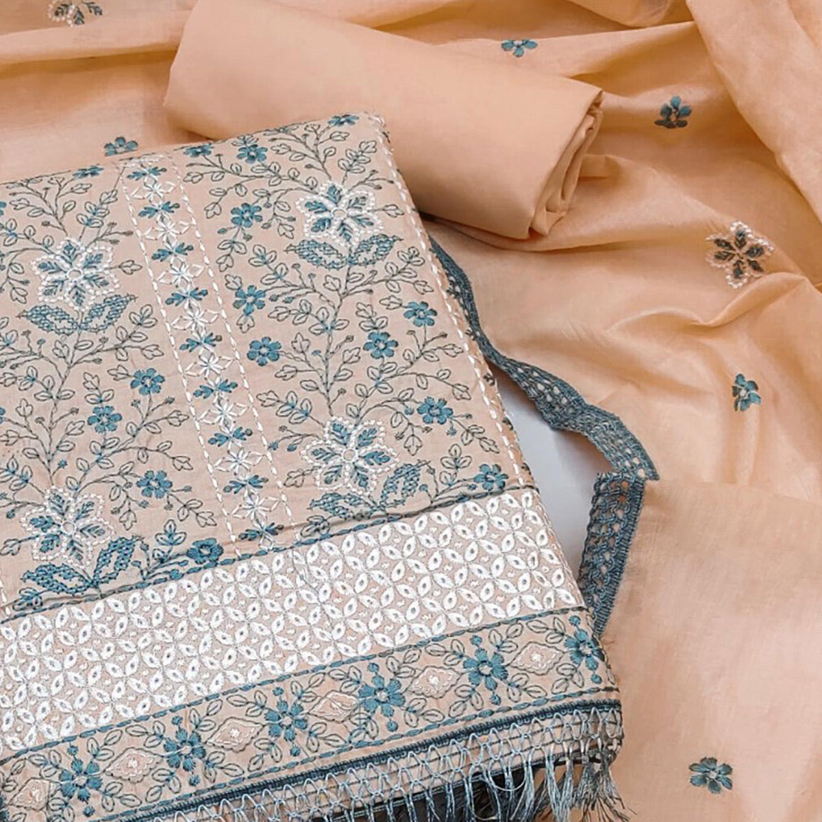 Peach Floral Embroidered Pure Cotton Dress Material