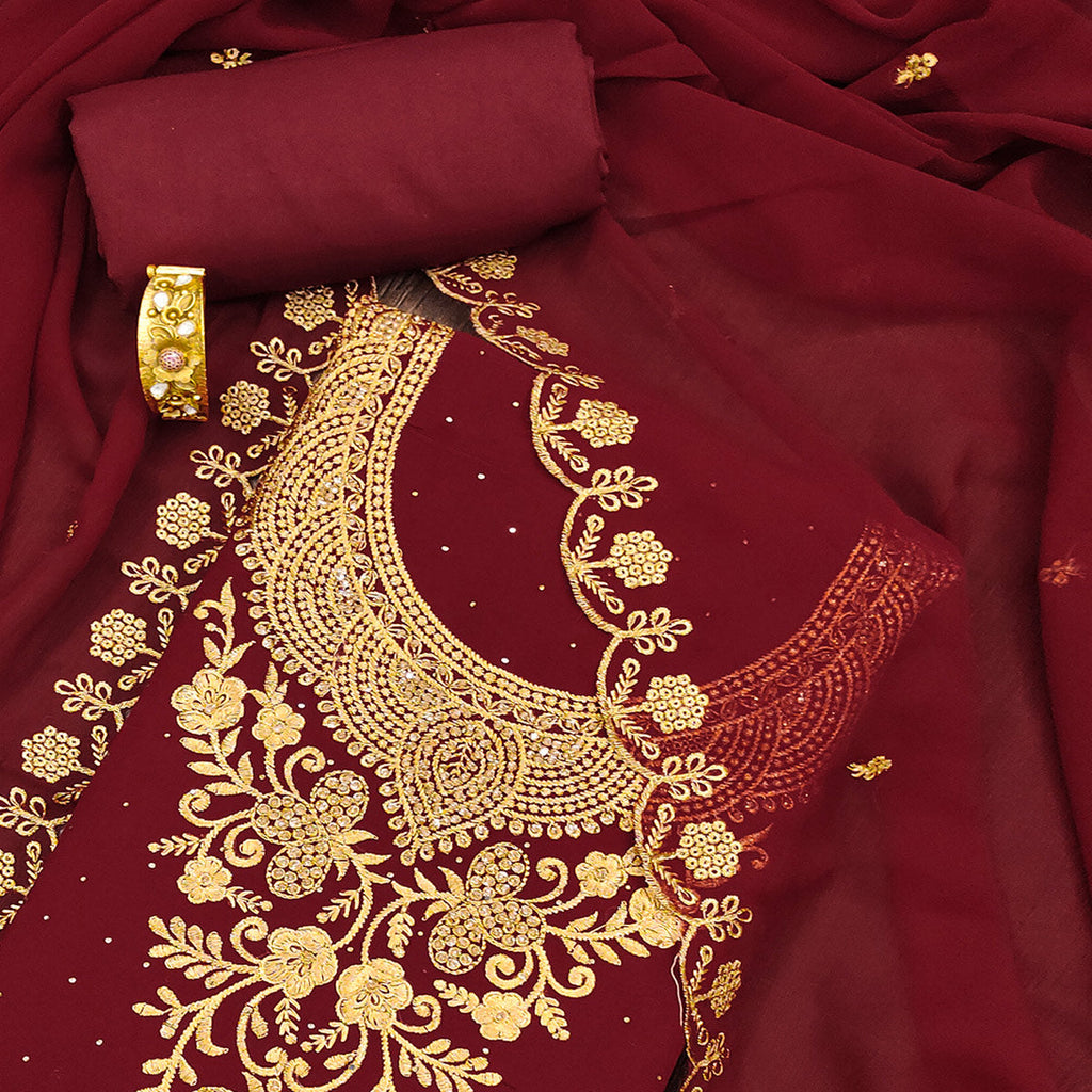 Maroon Floral Embroidered Georgette Dress Material