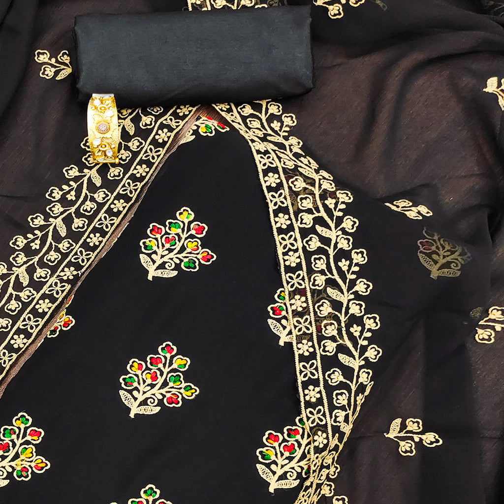 Black Floral Embroidered Georgette Dress Material