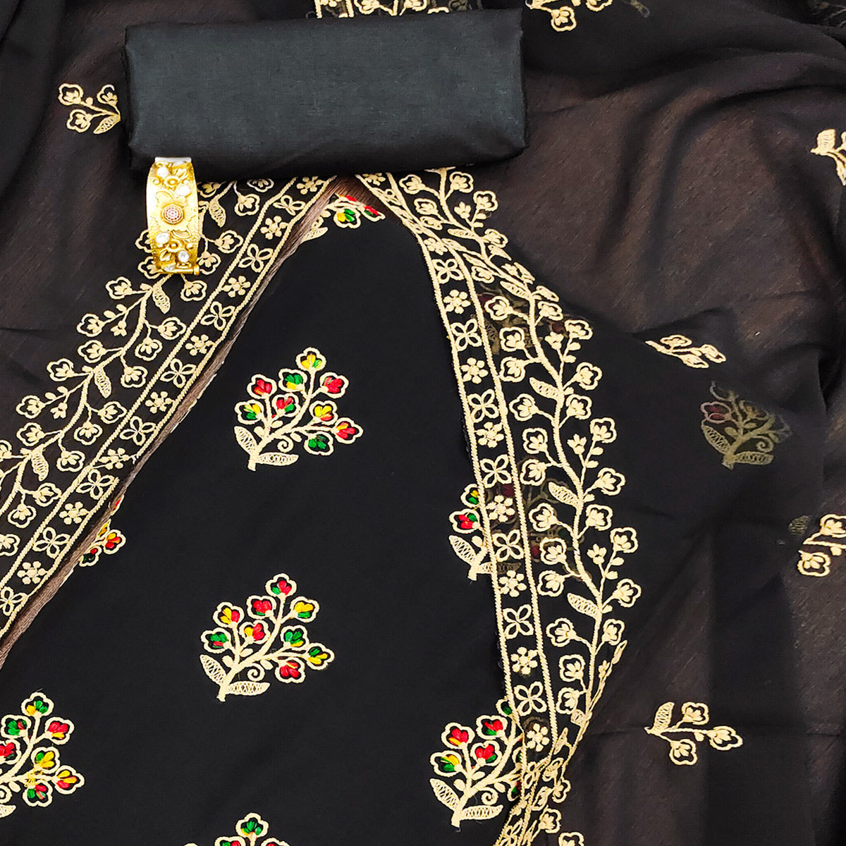 Black Floral Embroidered Georgette Dress Material