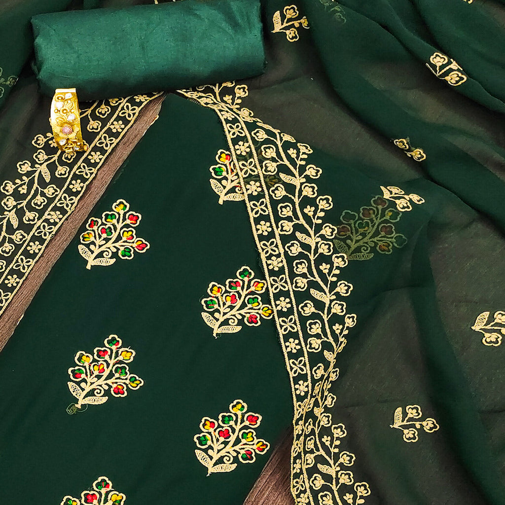 Green Floral Embroidered Georgette Dress Material